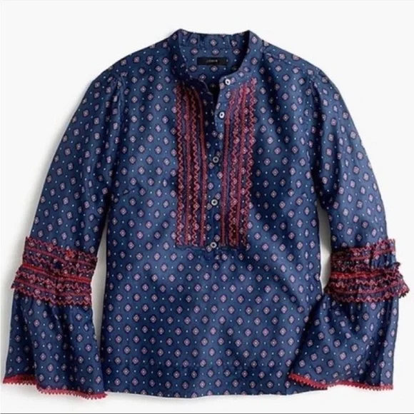 EUC-J Crew Embroidered Bell Sleeve Top Blue Red Printed Long Sleeve Blouse - Picture 2 of 9
